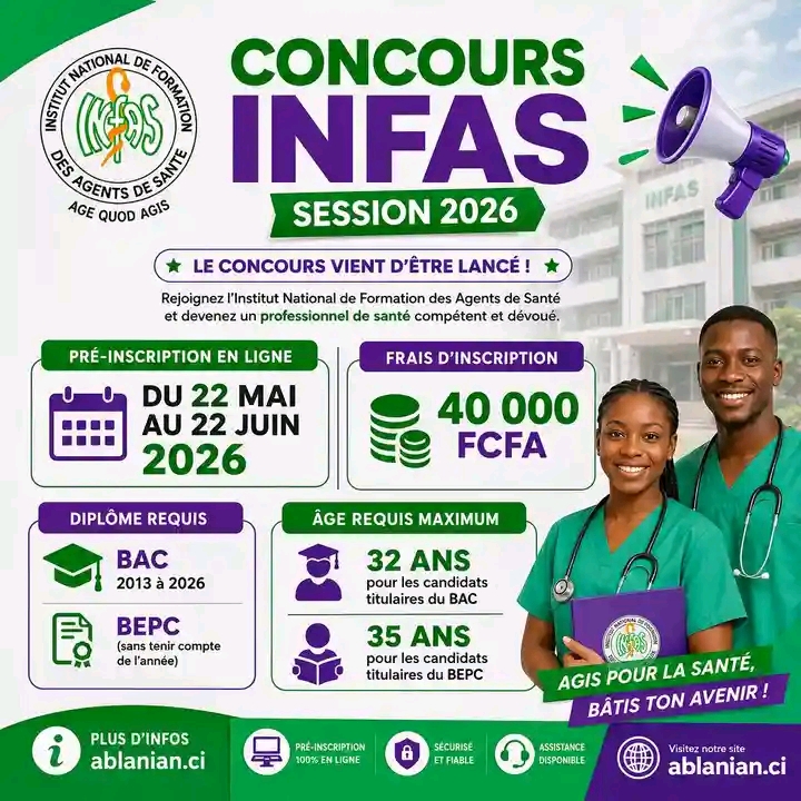 Côte d’ivoire : concours INFAS 2026, la préinscription en ligne ouverte jusqu’au 22 juin