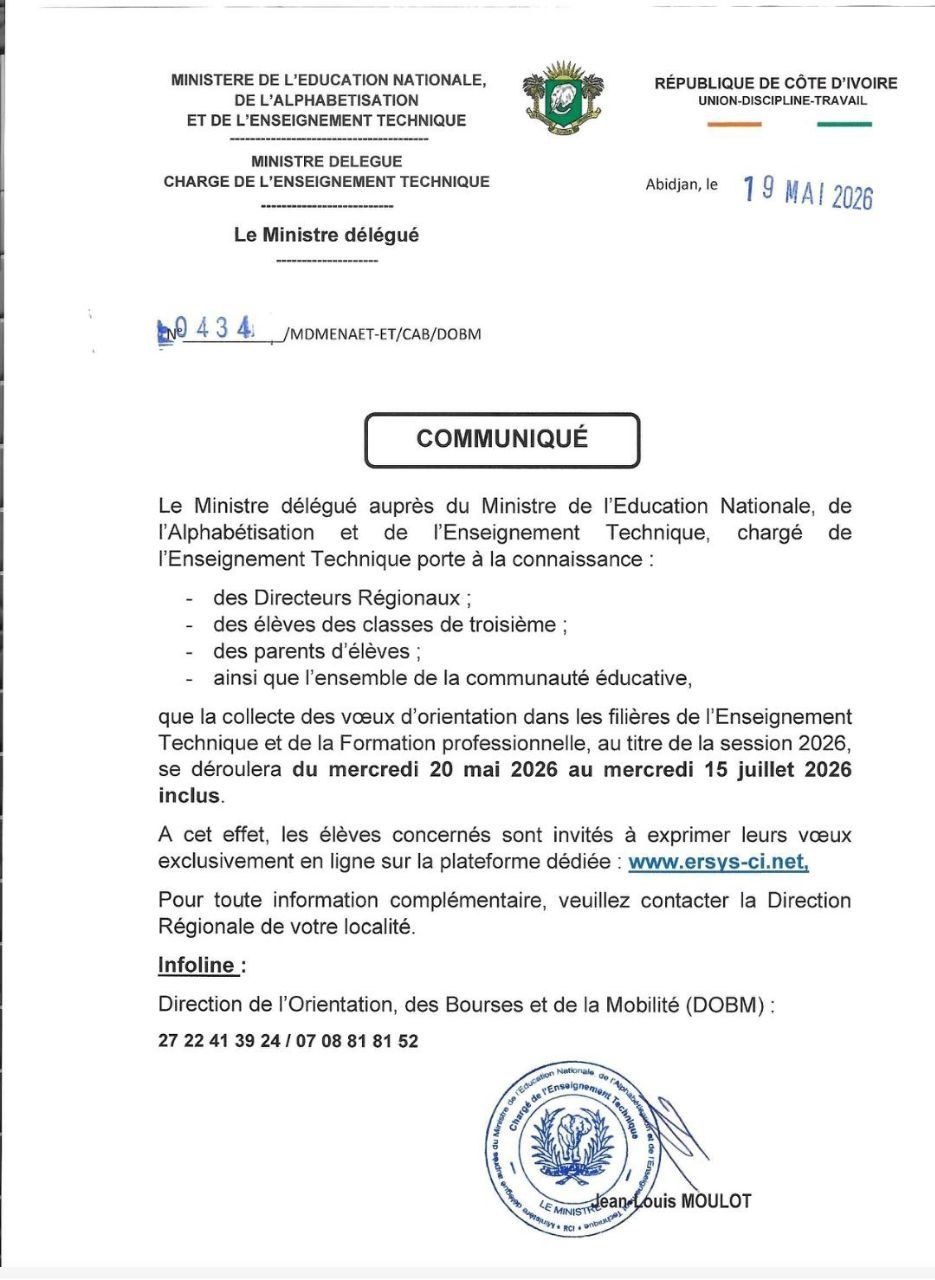 ORIENTATION 2026 — Côte d'Ivoire : Ouverture des vœux d'orientation en Enseignement Technique et Formation Professionnelle