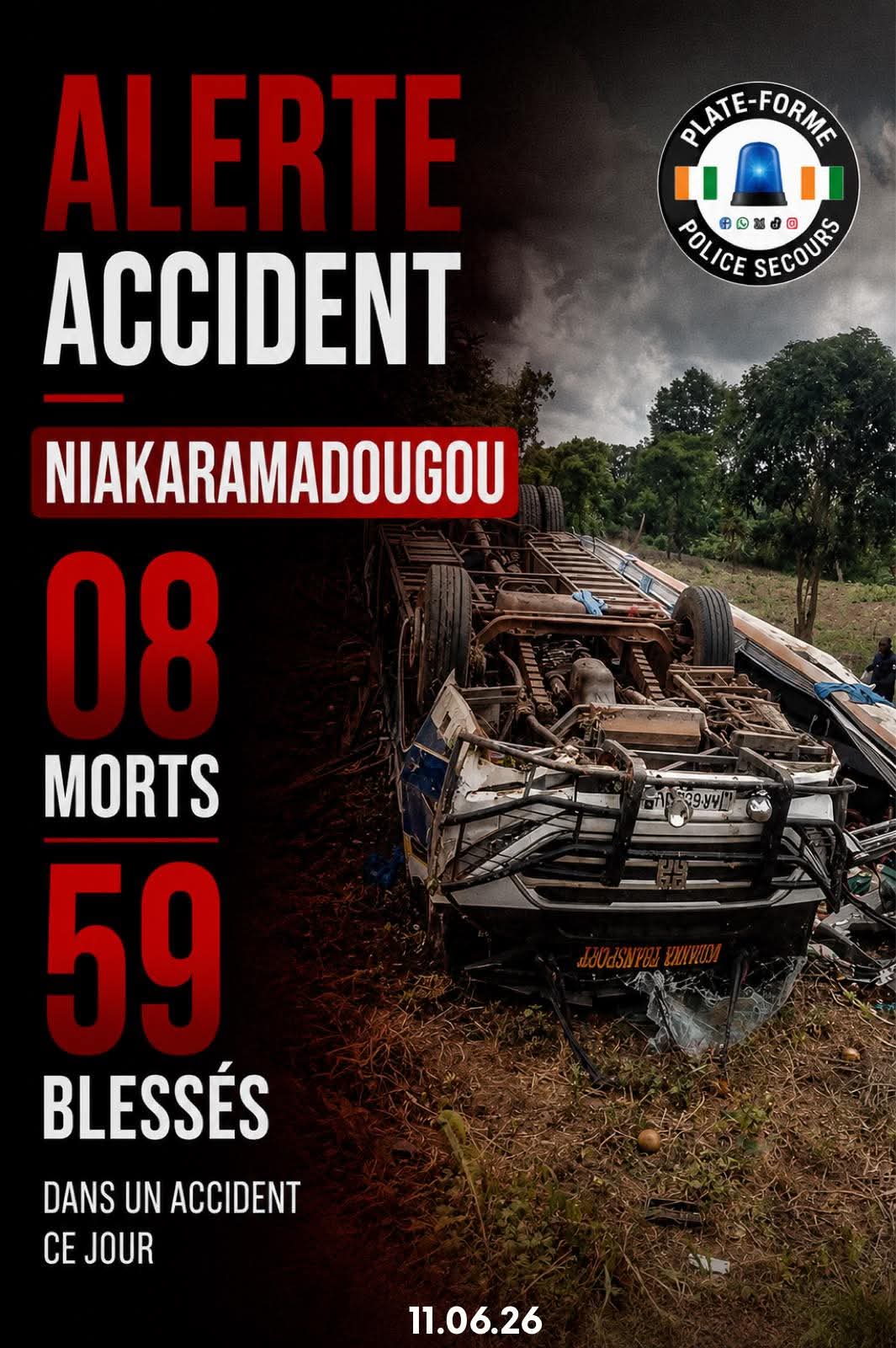 NIAKARAMANDOUGOU : 8 morts et 59 blessés dans le renversement d’un car